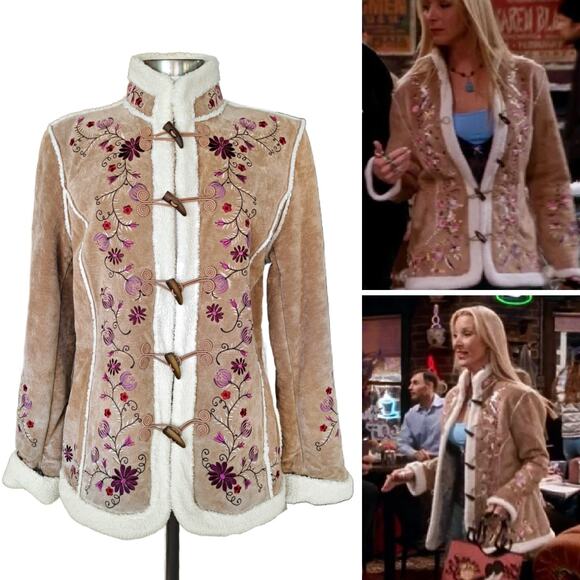 Vintage 90s Phoebe Buffay Embroidered Suede Sherpa Coat Large St Johns Bay Tan - Picture 1 of 13
